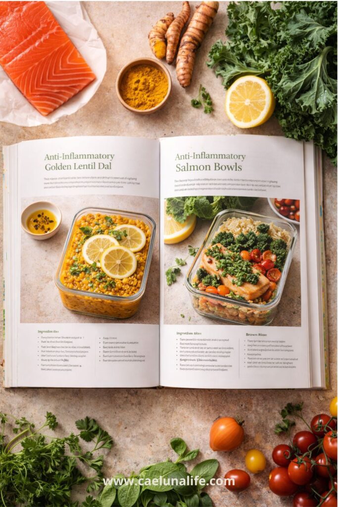 anti-inflammatory meal prep books open with fresh ingredients