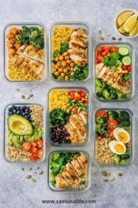 7 anti-inflammatory meal prep containers flat lay