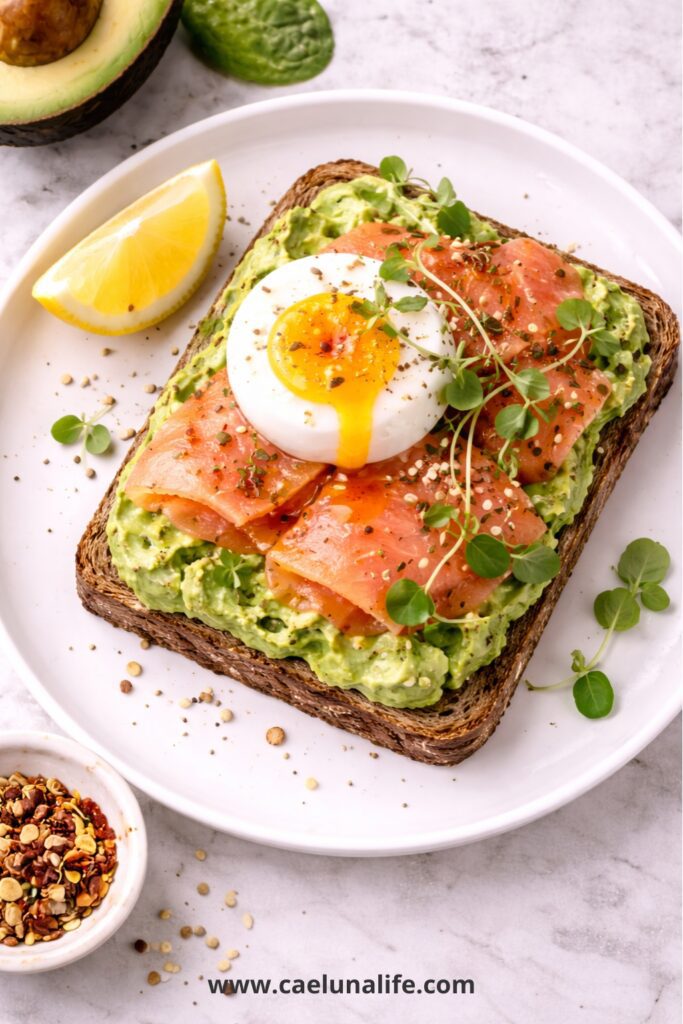 anti-inflammatory breakfast avocado smoked salmon poached egg rye toast