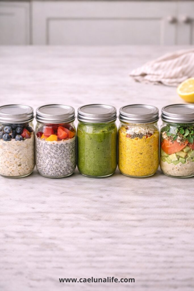 anti-inflammatory breakfast prep 5 mason jars lined up