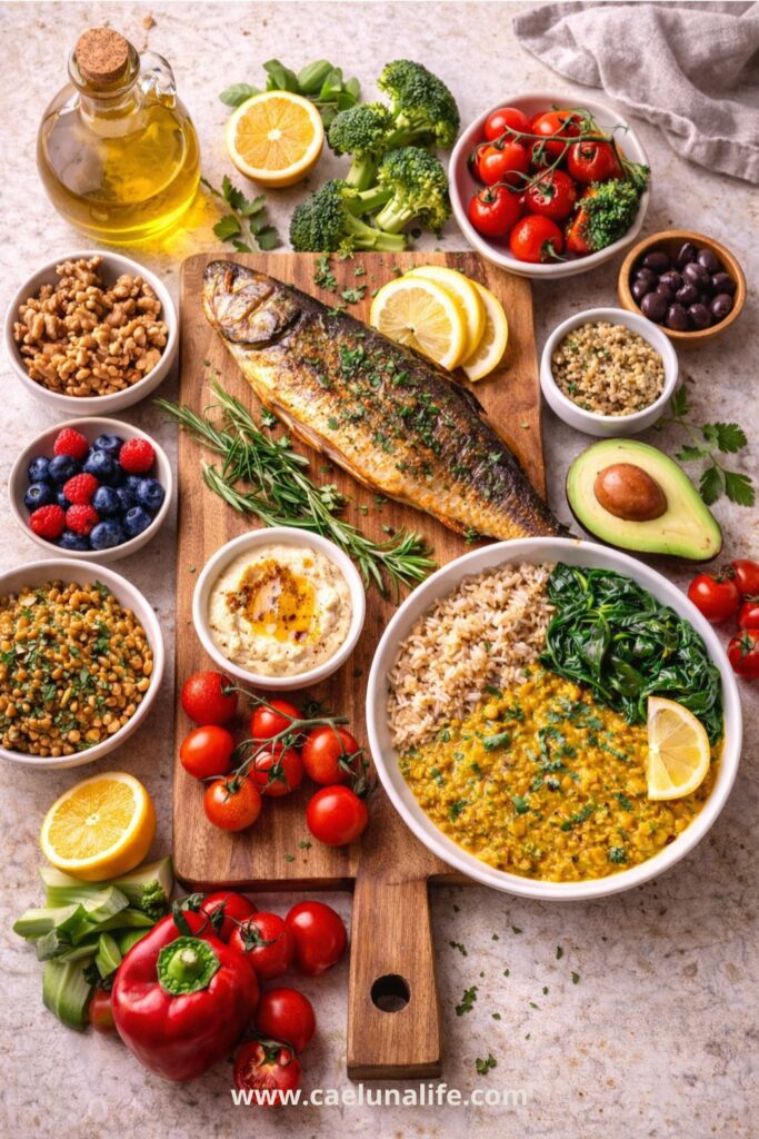 anti-inflammatory diet Mediterranean meal spread overhead