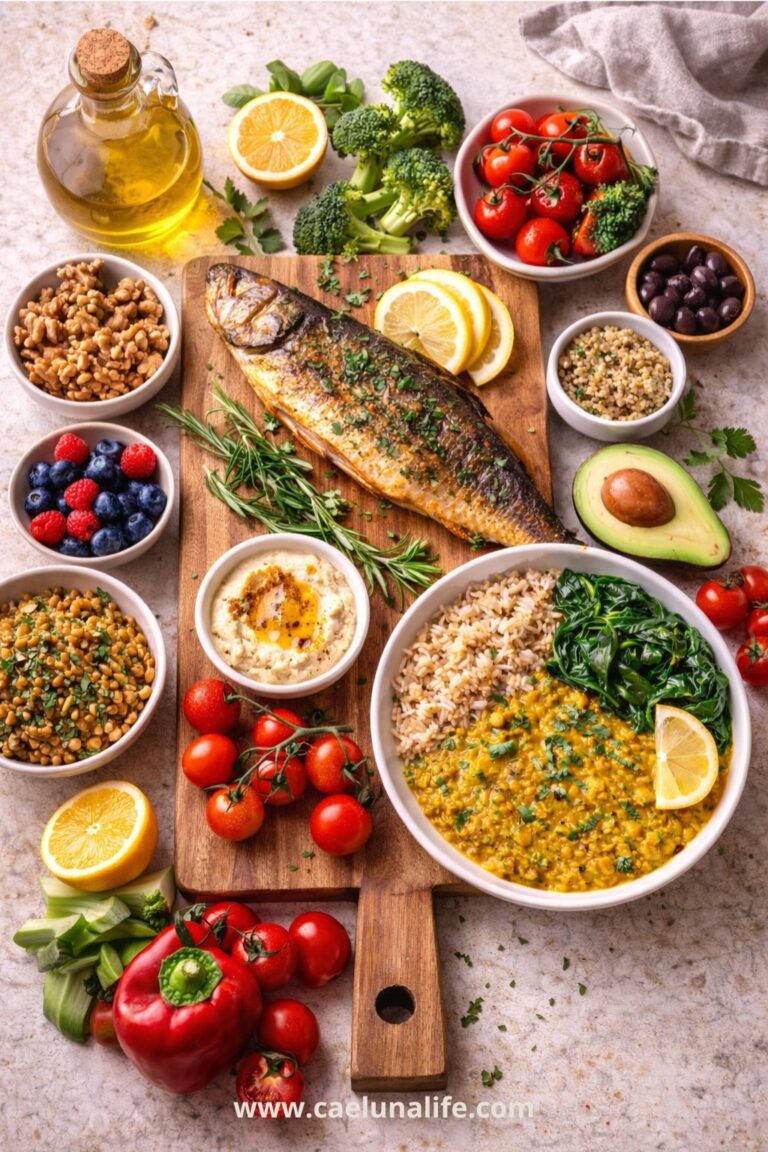 anti-inflammatory diet Mediterranean meal spread overhead