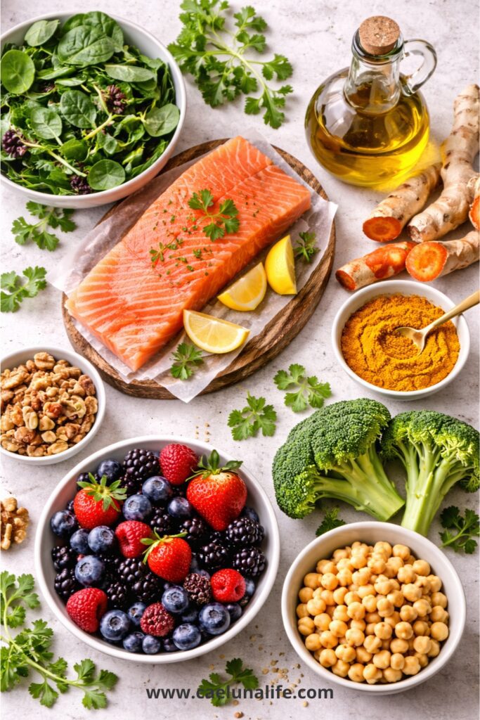 anti-inflammatory eating guide foods overhead flat lay