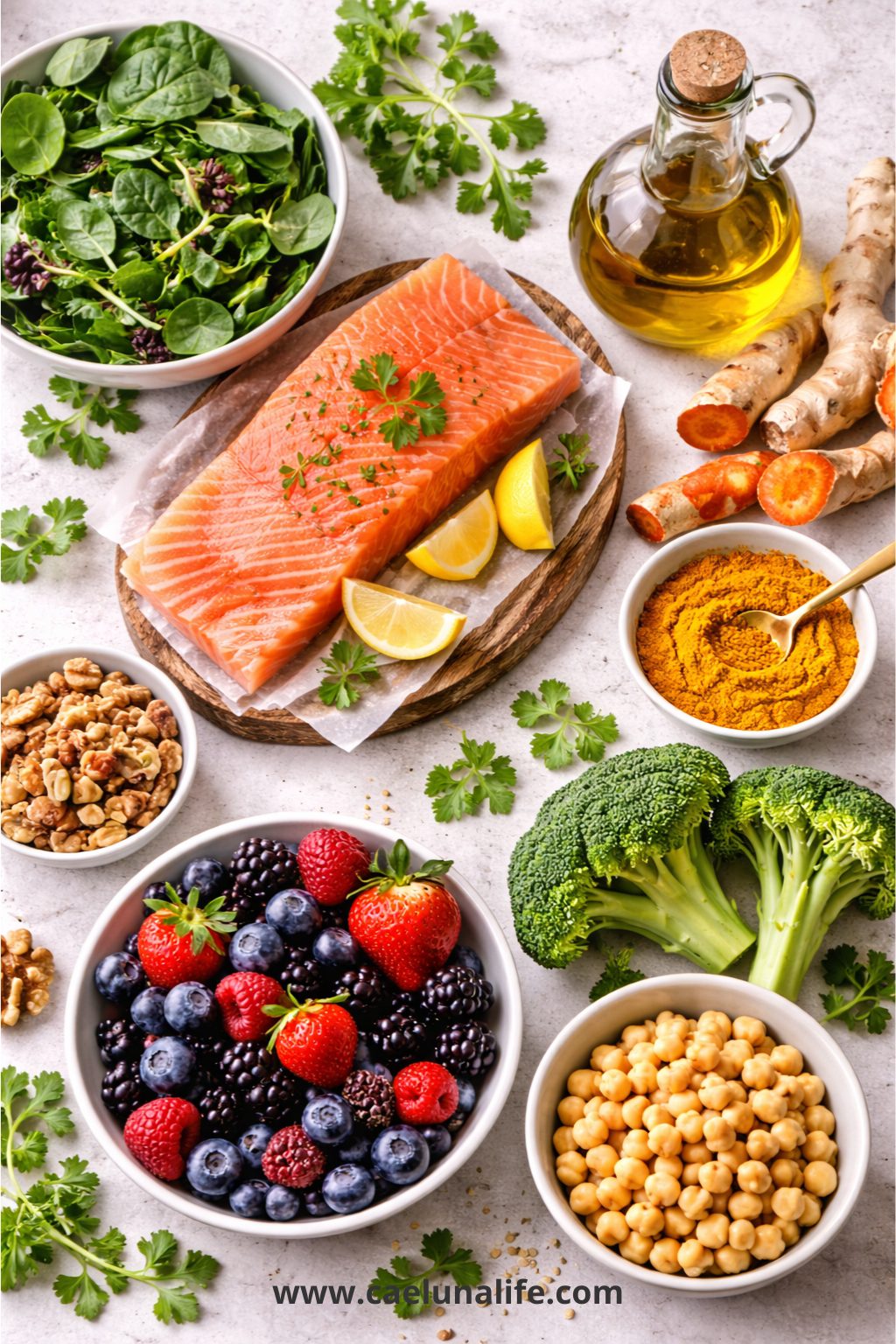 anti-inflammatory eating guide foods overhead flat lay