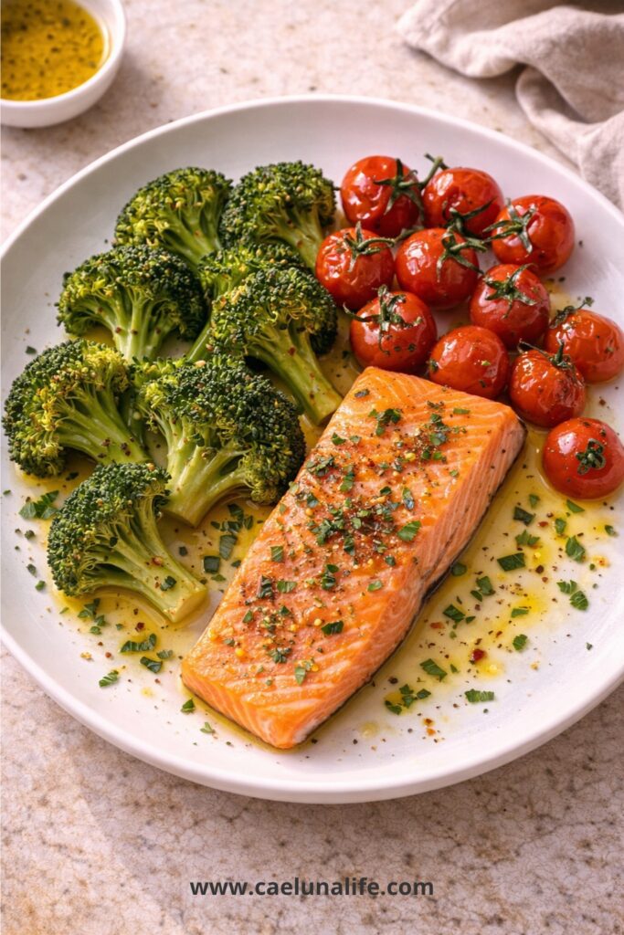 anti-inflammatory foods dinner plate salmon broccoli tomatoes