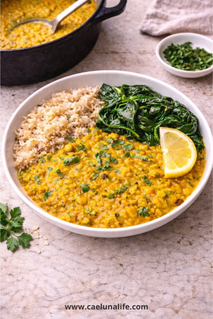 what to eat in your 40s dinner lentil dal brown rice spinach