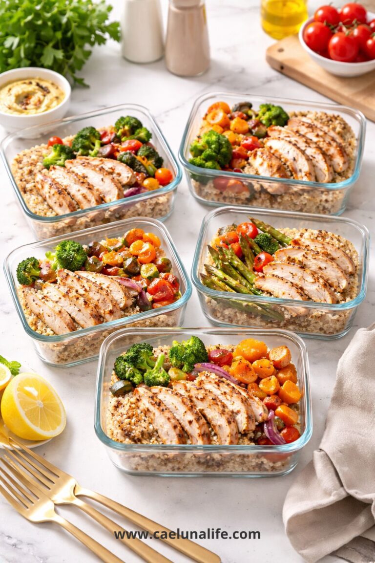 weekly meal prep containers lined up on kitchen counter