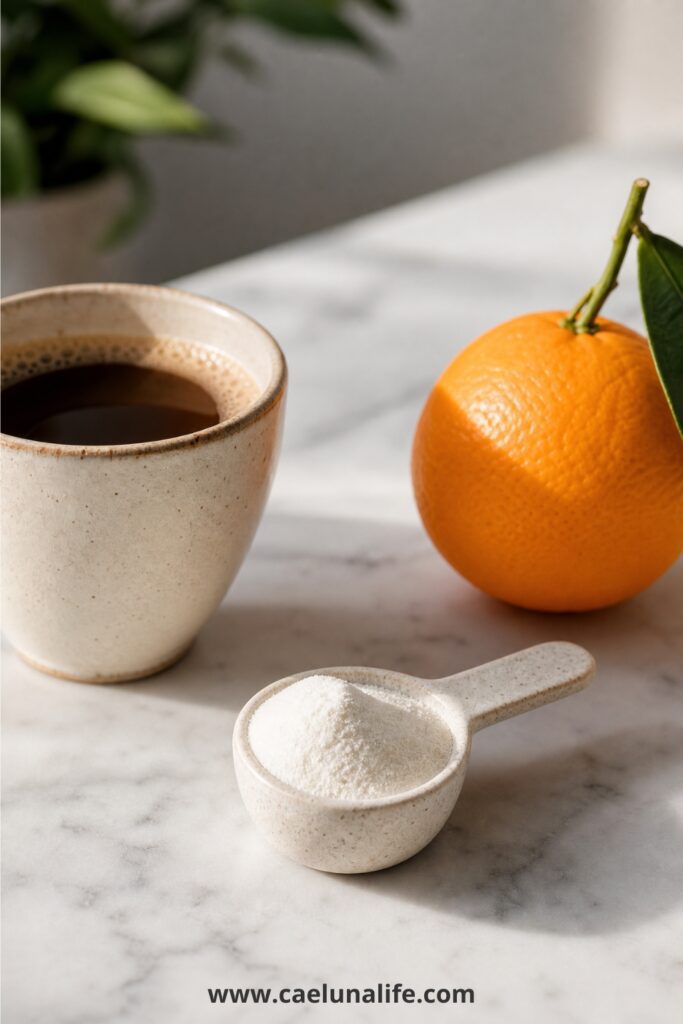 collagen supplements scoop of peptide powder with morning coffee