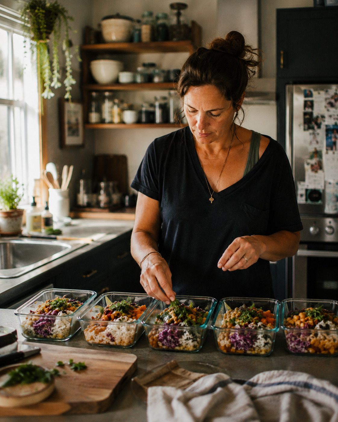 easy meal prep ideas woman kitchen containers five meals