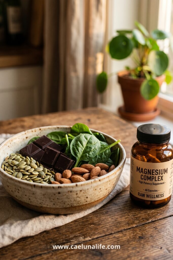 magnesium for women over 40 food sources and supplement bottle