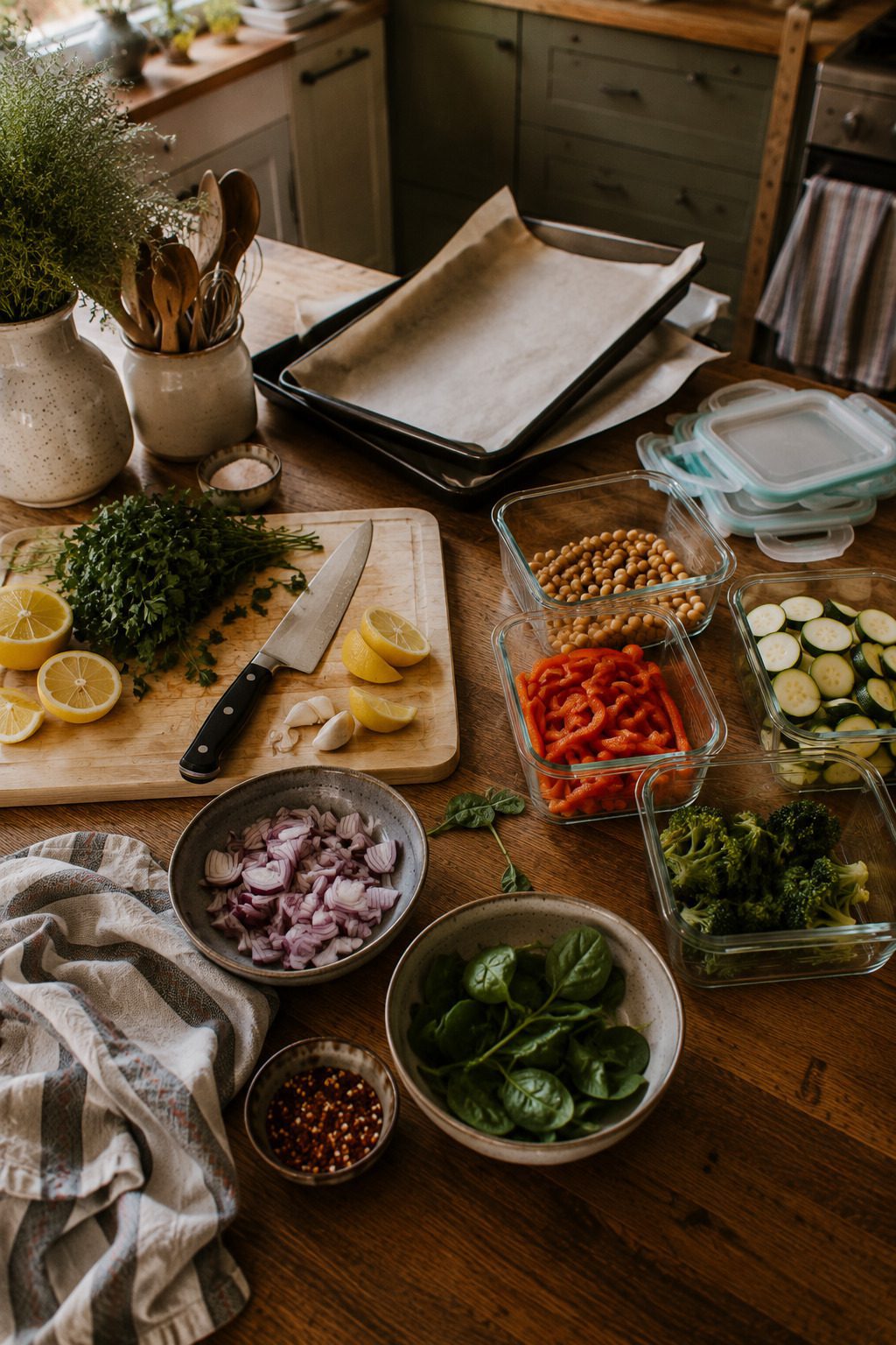 meal prep kitchen setup mise en place containers chopping board