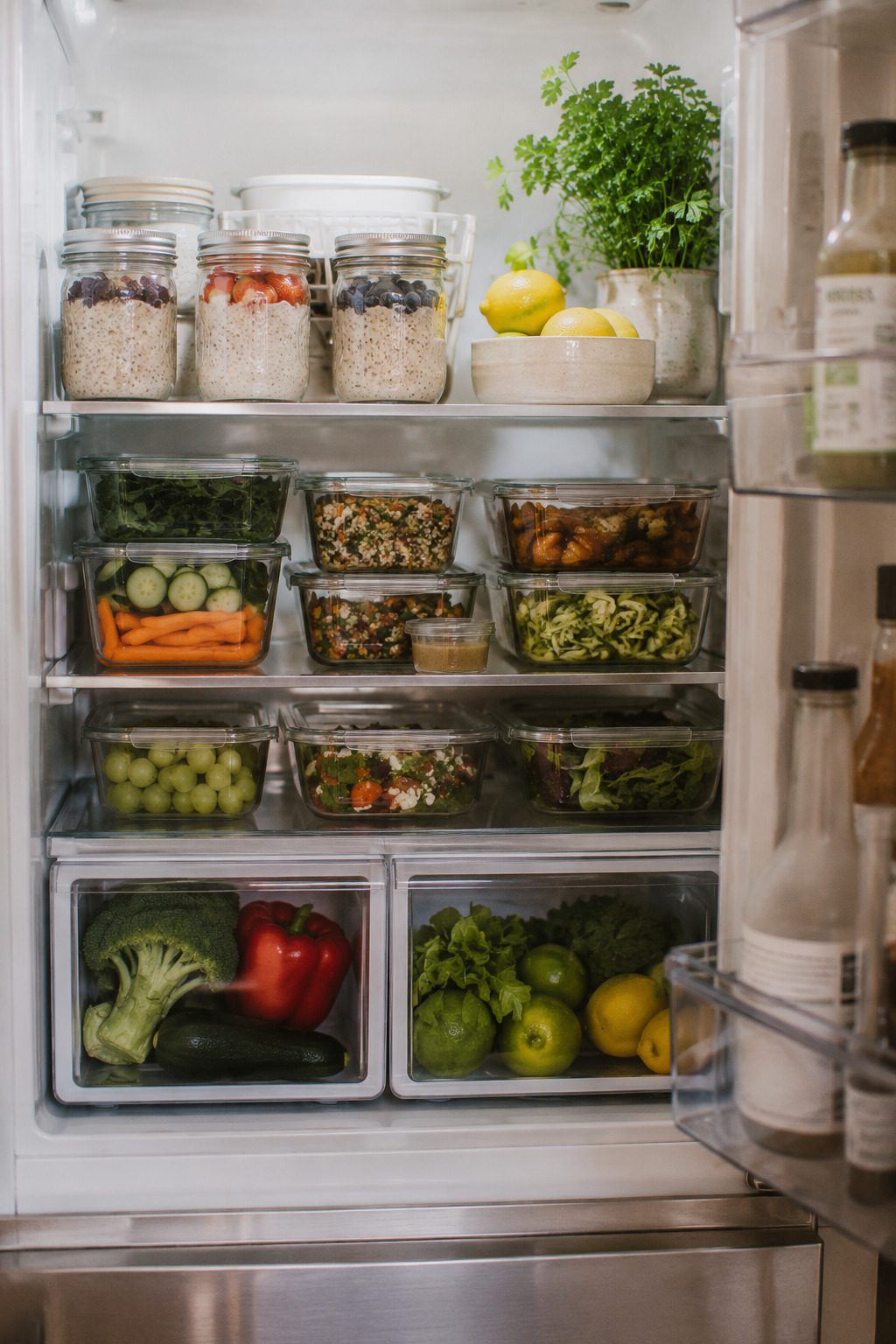 organised fridge glass meal prep containers mason jars