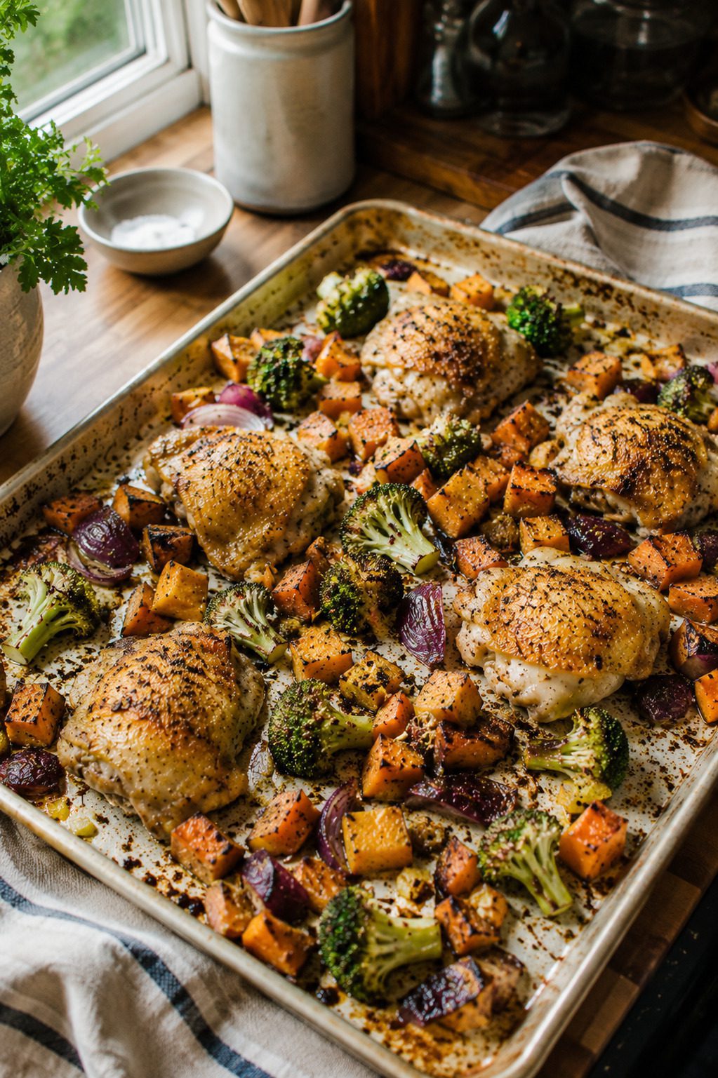 sheet pan chicken thighs roasted sweet potato broccoli meal prep