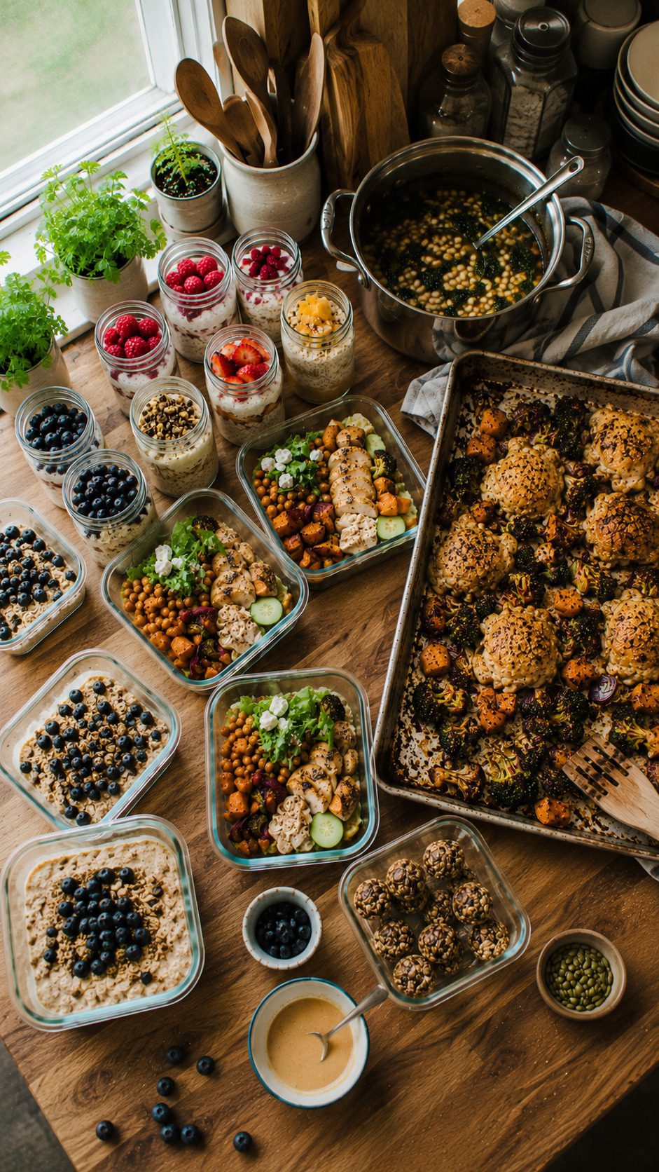 sunday meal prep session complete kitchen containers spread