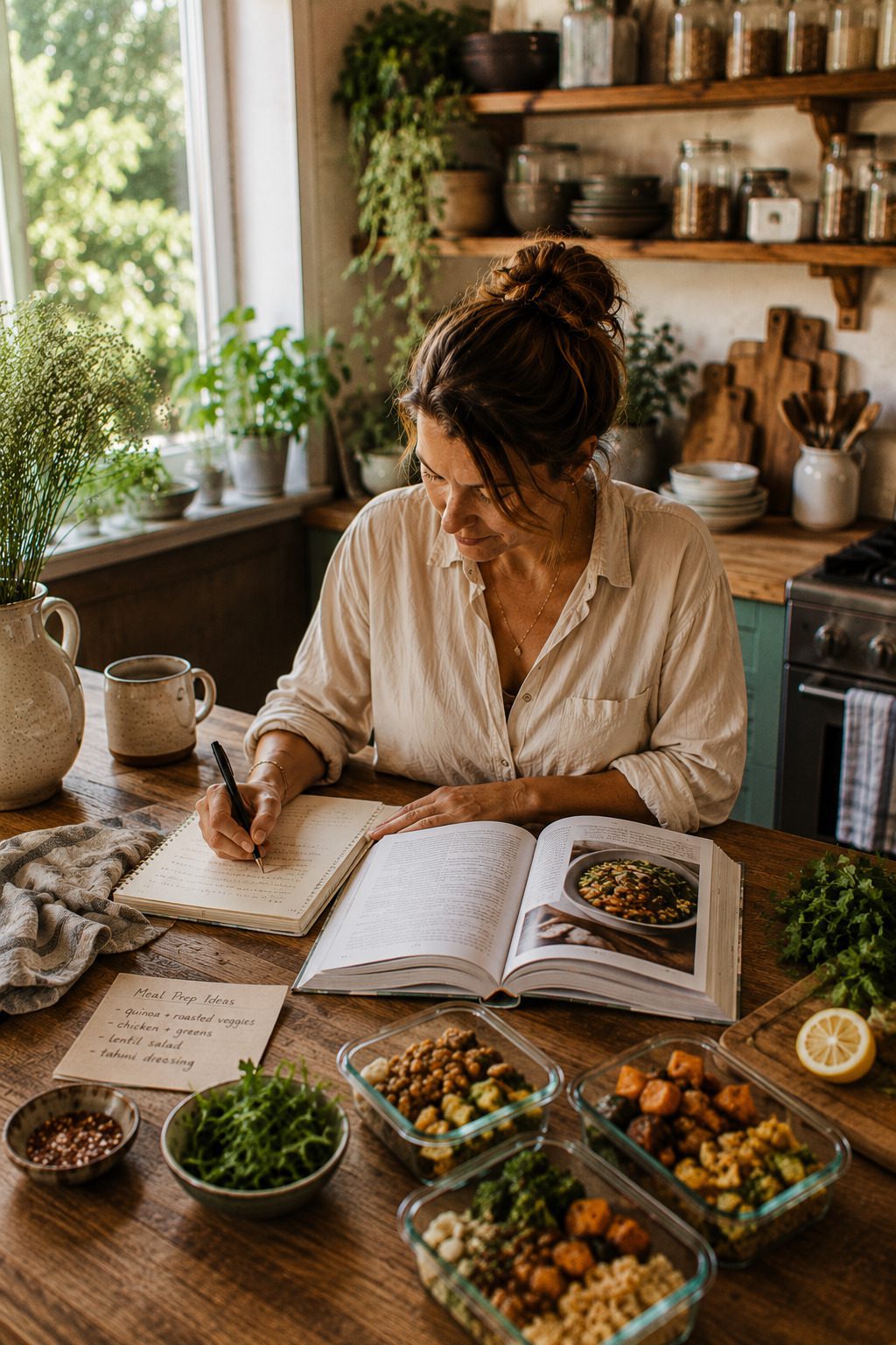 woman reading meal prep cookbook kitchen notes